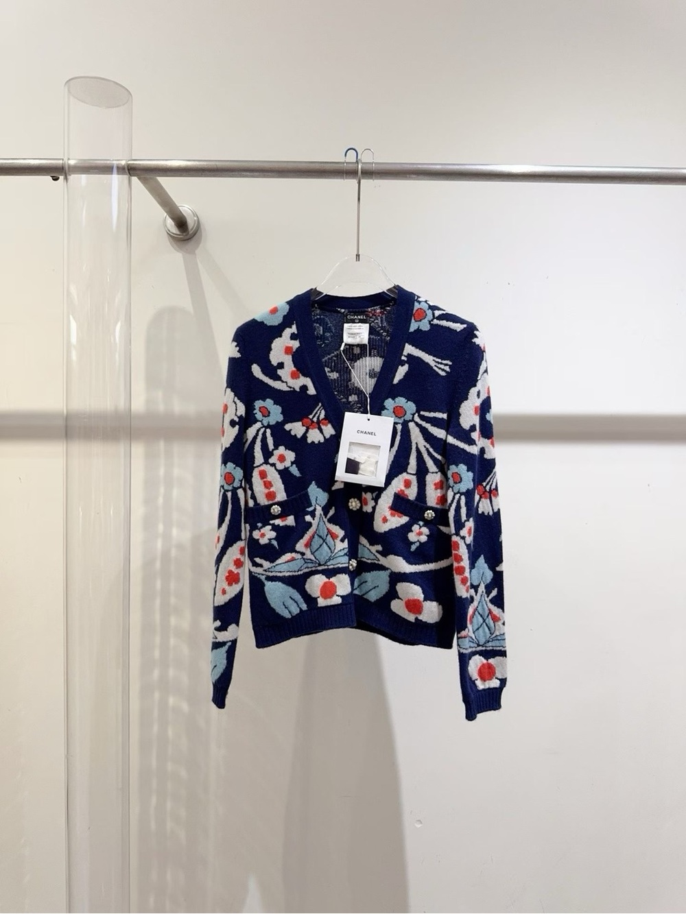 CHANEL Navy Floral Knit Cardigan with White, Light Blue & Red Accents